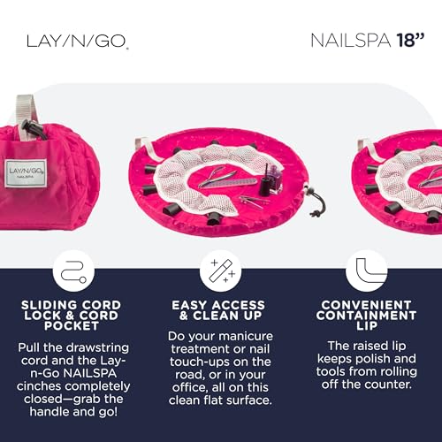 Lay-n-Go NailSpa Drawstring Cosmetic Bag - Portable Nail Supplies Organizer Bag w/ 8 Elastic Mesh Pockets & Circular Center - Durable, Machine Washable Nail Kit Organizer (18", Pink)3