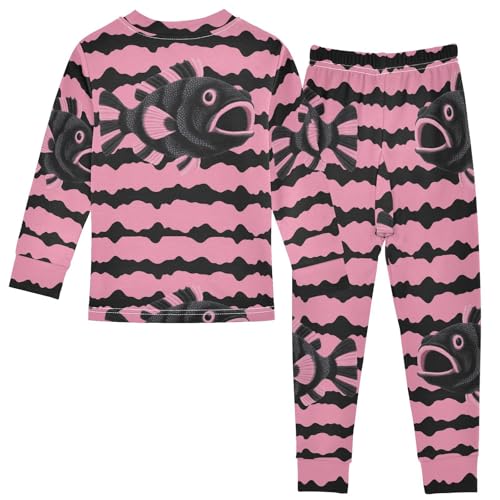 Pajama Sets Long Sleeve Black and Pink Fish Pattern Soft Comfy Sleepwear 2 Piece PJS 3-8T3