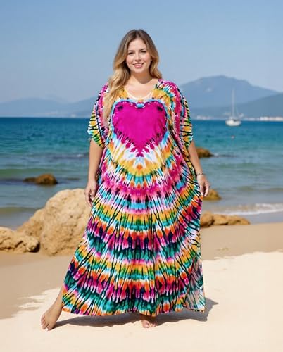 Image of sunforyou Kaftan Dresses for Women Plus Size Lightweight Swimsuit Cover up Batwing Sleeve Print Loungewear Beach Robe
