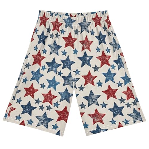 ALAZA Retro Red Blue Star Pajama Shorts Elastic Waist Casual Sleep Shorts with Pockets Size 6-14