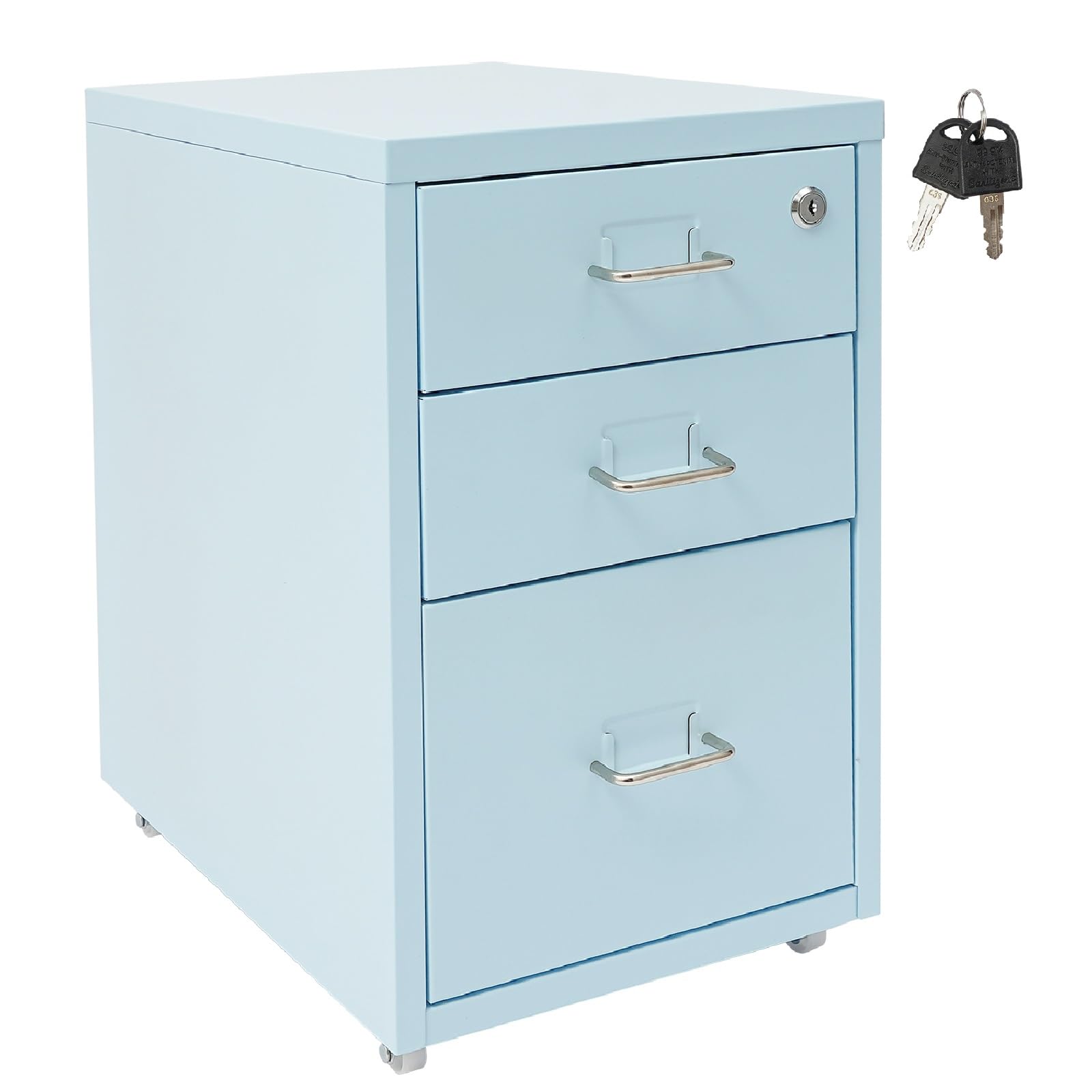 Pinelicorn 3 Drawer Vertical File Cabinet with Lock, Filing Cabinet Under Desk Office Storage with Wheels, Desk Drawers for Home Office (3 Tiers, Blue