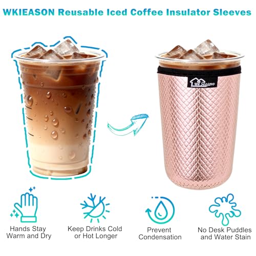 Image of WKIEASON Reusable Iced Coffee Sleeves 16-32OZ PU Leather Neoprene Coffee Cup Sleeves Insulator Cover for Cold Drinks Beverages, Starbucks, McDonalds, Dunkin Donuts and More(Pink Set)