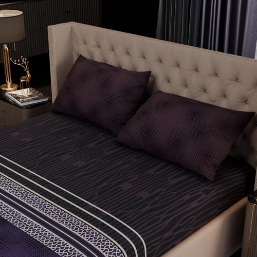 Image of Stoa Paris 100% Bamboo Cotton King Size Fitted Bedsheet with 2 Pillow Covers, 200TC Bedding Set, Breathable, All-Season Comfort, Home Decor, Imperial Grandeur - Amethyst Realm (182cmx198cm+30cm)