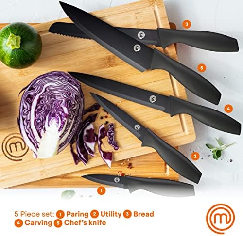 MasterChef Kitchen Knives Set of 5 Including Paring, Utility, Bread, Carving & Chef Knife, Sharp Stainless Steel, Non Stick Blades & Soft Touch Handles, 5 Piece, Black
