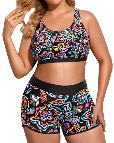 Image of Holipick Women Plus Size Swimsuits - Athletic 3 Piece Tankini with Shorts
