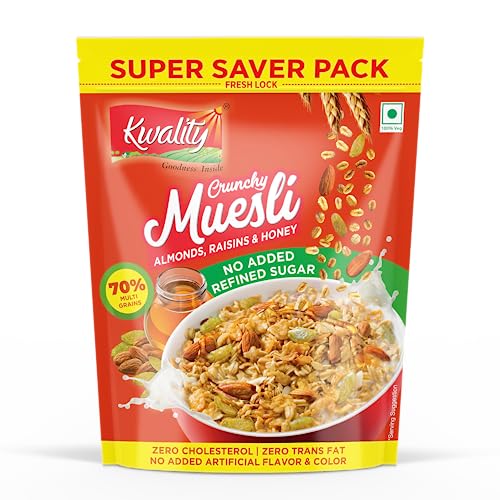 Image of Kwality Crunchy Muesli Almonds, Raisins and Honey - No Added Refined Sugar, No Added Artificial Flavor and Color, Super Saver Pack 700g [Pack of 2]
