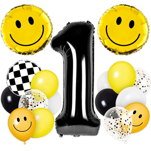 Whaline 29Pcs One Happy Dude First Birthday Party Decorations Yellow White Black Balloons Checkered Number 1 Balloon for Smile Face First Birthday Decoration Supplies