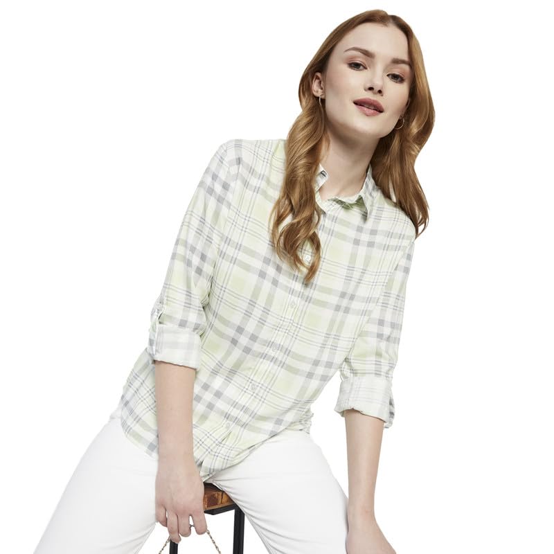 METTLE Women Olive Green Tartan Checks Opaque Checked Casual Shirt