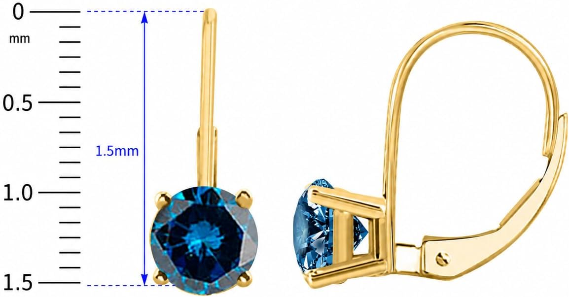 Mauli Jewels 1.00 Carat Blue Diamond Leverback Earrings 14K Yellow and White Gold Round Cut Prong Setting for Women