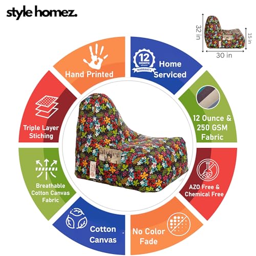 Image of Style Homez Hackey Cotton Canvas Floral Printed Bean Bag XXL Size Filled with Beans Fillers