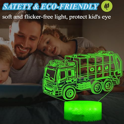 Image of Garbage Truck Night Light, Garbage Truck Car Gifts, Sanitation Truck 3D Illusion Lamp with 16 Colors Changing, Timer, 4 Flash Modes and Dimmable, Kids Boys Girls Room Decoration, Holiday Xmas Gifts