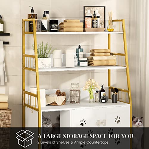 Recaceik Large Cat Litter Box Enclosure With Shelf Storage, Hidden Cat Washroom Furniture, Wooden Cat House With Scratch Pad, Sturdy Indoor Cat Cabinet With 2 Doors, Gold White #TOP3