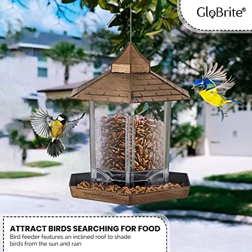 GloBrite Bird Feeder Garden Ornament - Bird Seed Feeder - Hanging Bird Feeder - All Weather Bird Feeders Hanging Feeding Station for Wild Birds, Hexagon Shaped with Roof for Outdoor Yard Decoration