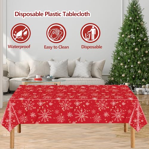 3 Pcs Christmas Snowflake Tablecloth,Red Snowflake Rectangular Plastic Waterproof Table Cover for Winter Holiday Party,Xmas,Birthday Decorations(54 x 108 Inches) – Image 4