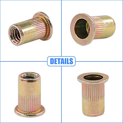 Glarks 100Pcs 1/4\"-20UNC Zinc Plated Carbon Steel Rivet Nut Flat Head Rivnut Threaded Insert Nuts Set (1/4\"-20UNC)