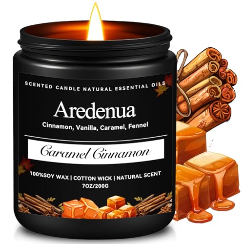Image of Fall Candle | Caramel Cinnamon Scented Candle - Autumn Seasonal Candles for Fall - 7oz Soy Candles for Home Scented, Thanksgiving Halloween Holiday Gift for Home - 50 Hours Long Burning -Black Jar
