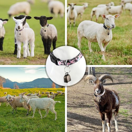 Image of 5 Pack Goat Collars with Bells, Horse Sheep Grazing Copper Bells and Adjustable Nylon Collar Set Pet Anti-Lost Loud Bronze Bell for Small Farm Animal Sheep Goat Cow Accessories(Floral)