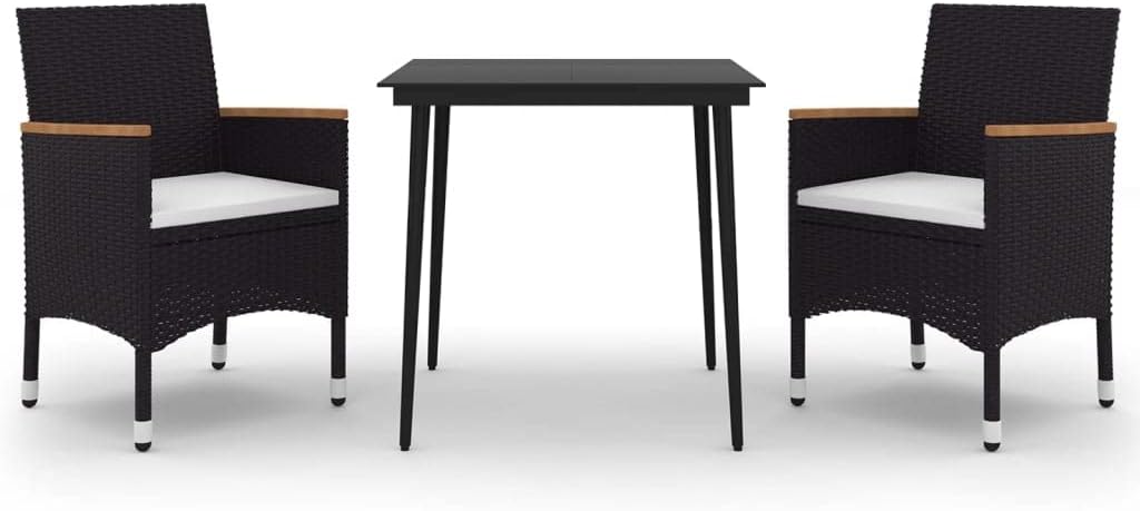 vidaXL Patio Dining Set 3 Piece with Cushions Garden Outdoor Lawn Yard Terrace Balcony Backyard Table and Chair Furniture Poly Rattan and Glass