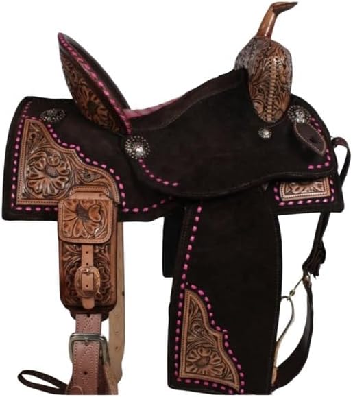 Leather Horse Saddle Barrel Racing Western Wooden Tree Custom Cowboy Cowgirl Handmade Premium Pleasure Comfort Trail Tack Equestrian Tooled Carved Saddle for Riding Size: 10-18 inch Seat, MO-15