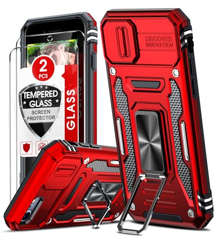 LeYi Cover per iPhone 8/7 /SE 2020/2022 con Vetro Temperato [2 Pack],Custodia con Protezione Fotocamera [Slidable] Antiurto Militare 360° Anello Supporto TPU Bumper Silicone Custodie 5.7'', Rosso