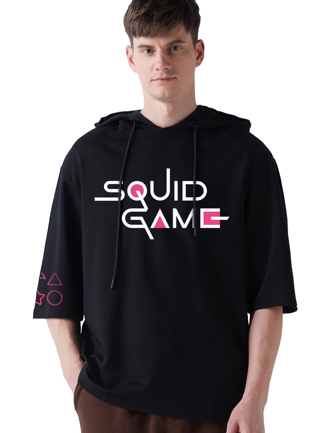 bewakoof Heavy Duty 1.0 Official Squid Game Merchandise Men Graphic Print Oversized Fit Half Sleeve Hooded Terry; 100% Cotton T-Shirt_659558_Black_S-picture-37
