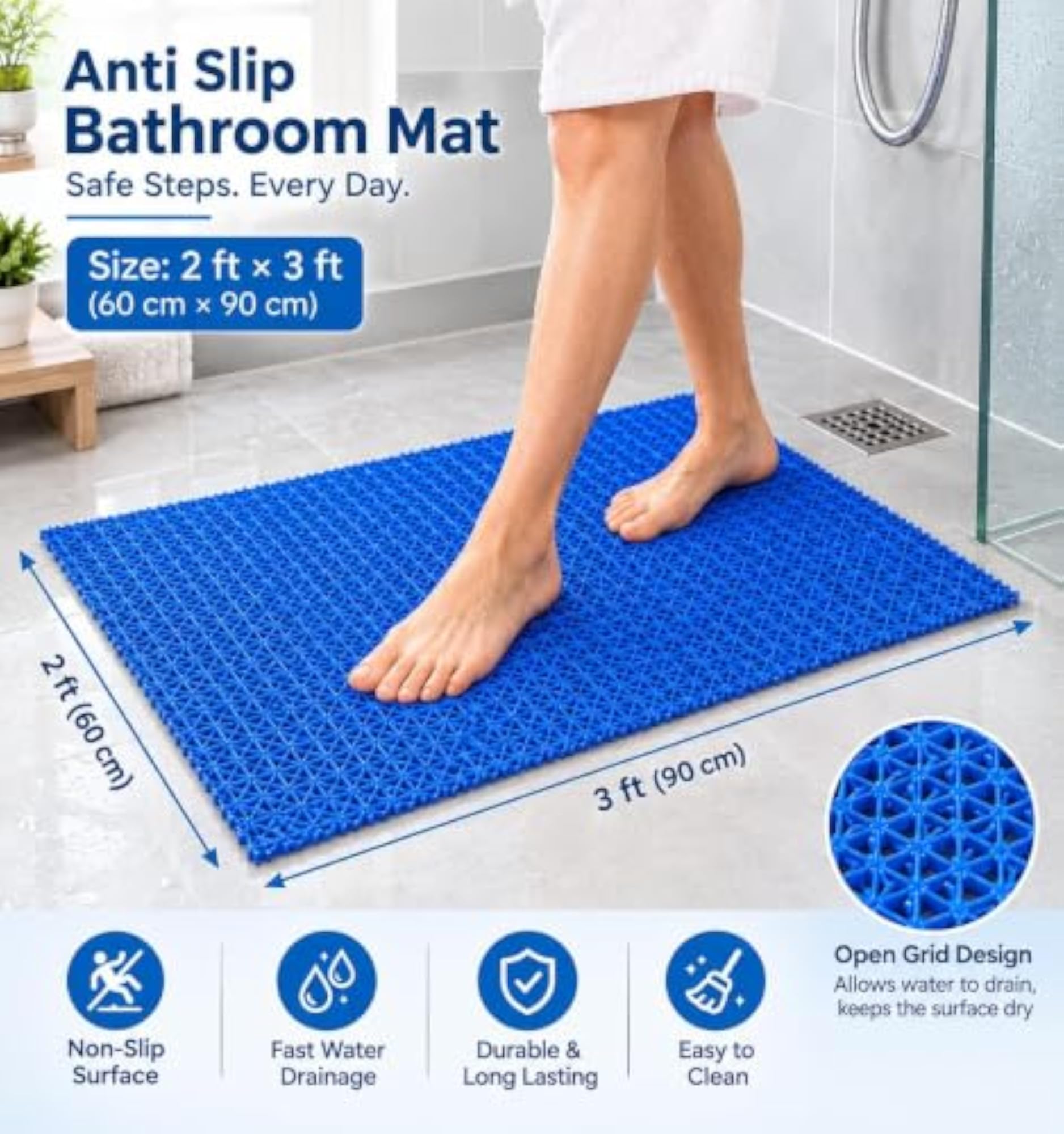 Multipurpose Anti Skid Rubber Bath Mat, 2x3 Ft