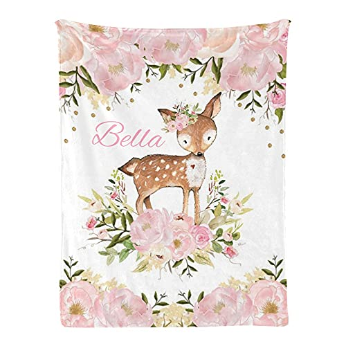 Pink Flower Deer Baby Blanket with Name Custom Personalized Super Soft Nursery Fleece Throw Blankets for Newborns Baby Shower Girls Kids Birthday Gift 30 X 40 inch