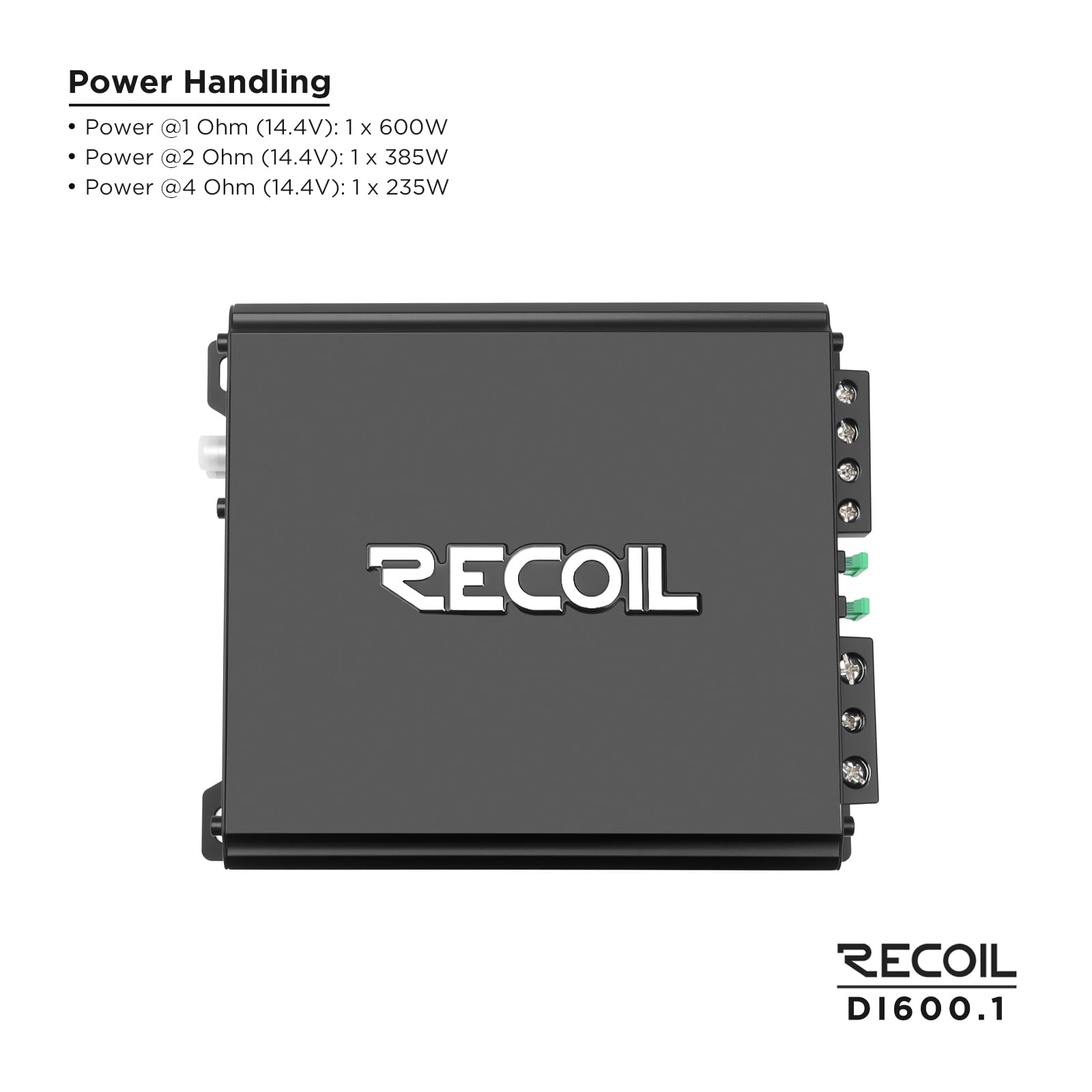 Recoil DI600.1 1200W Max Amplificatore Mono Classe D per Subwoofer – 600W RMS @1 Ohm, 385W RMS @2 Ohm, Alimentazione MOSFET, Manopola remota per bassi, Stabile 2/4 Ohm, Amplificatore per Auto