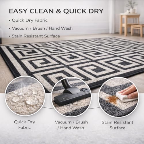 Image of Matz&More Greek Symmetric Key Rug | 100x150 CM | Black White | Soft Nylon Loop Pile with Anti-Slip Gel Backing | Living Room, Bedroom & Office Floor Carpet