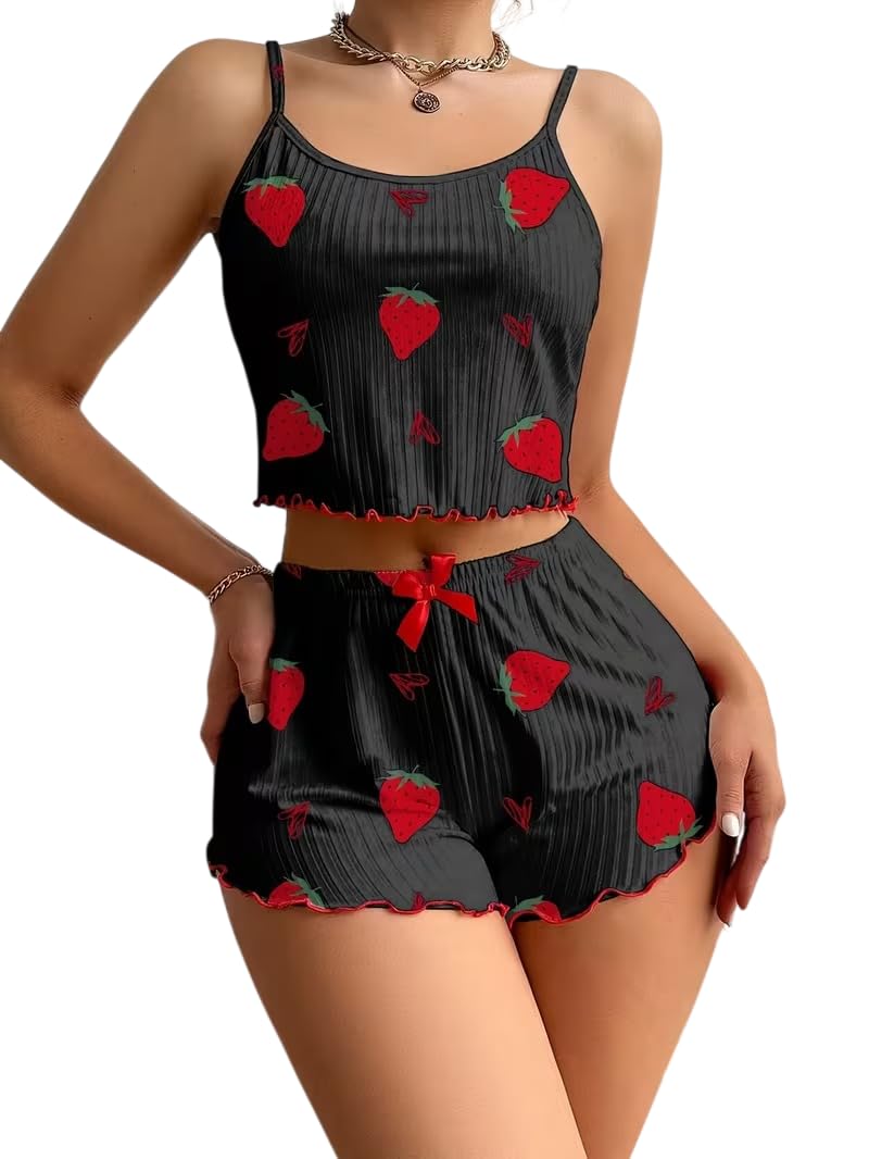 Women's Strawberry Print Cami Top and Shorts Babydoll Set, Ribbed, Lettuce Trim, Bow Detail-image-7