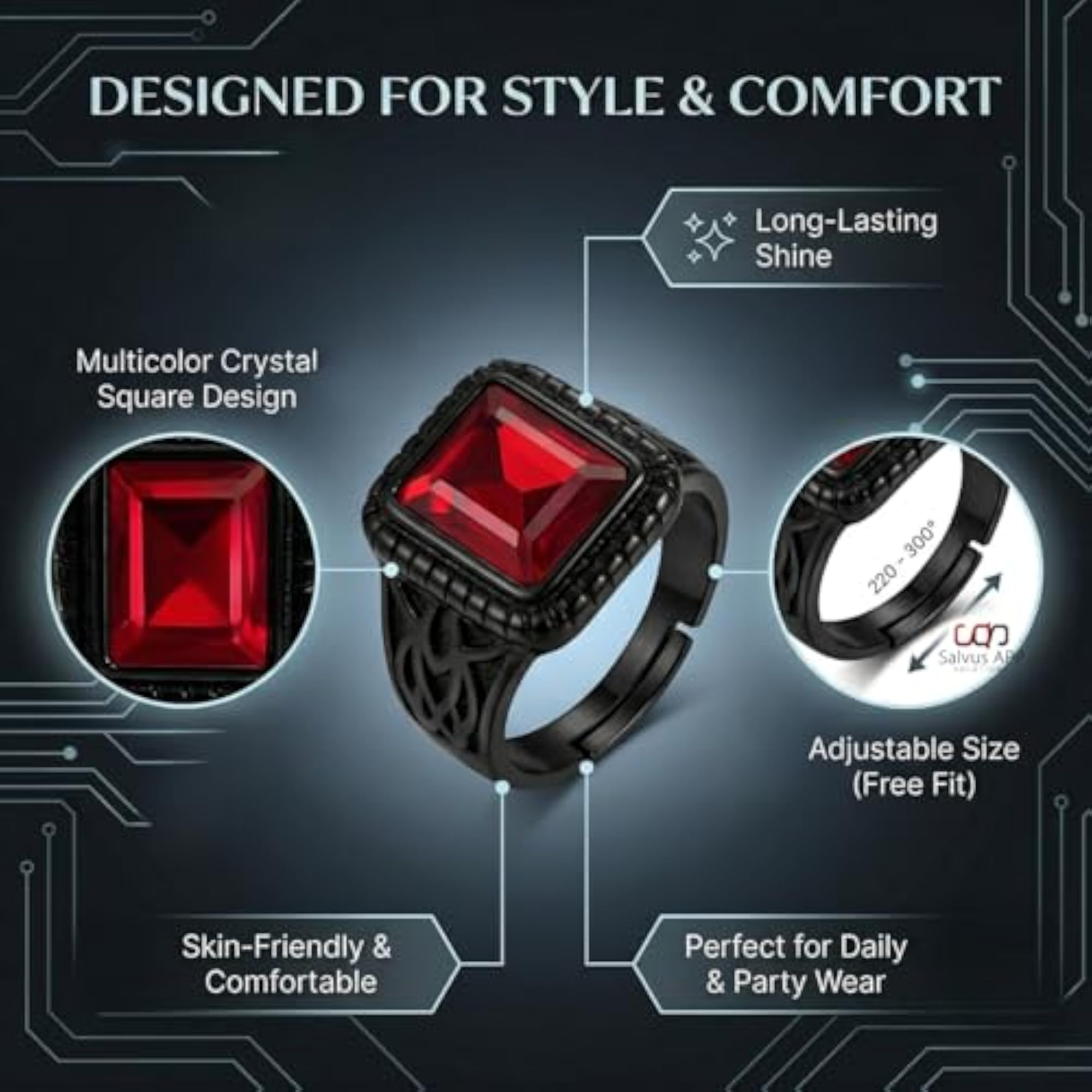 Black Multicolor Crystal Square Shaped Adjustable Ring