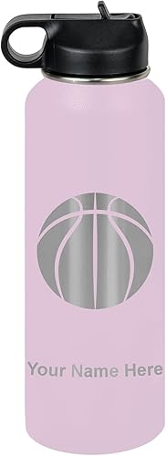 Miniatura 69 de LaserGram Botella de agua personalizada, pelota de baloncesto, acero inoxidable de doble pared aislada al vacío con popote superior, regalo grabado