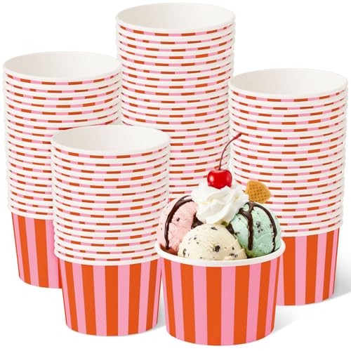 Image of Zopeal 50 Count Orange and Pink Striped Ice Cream Cups Paper Dessert Bowls | 9 oz Disposable Ice Cream Bowls, Birthday Party Supplies, Snack Cups Sundae Picnic Yogurt Bowls for Food