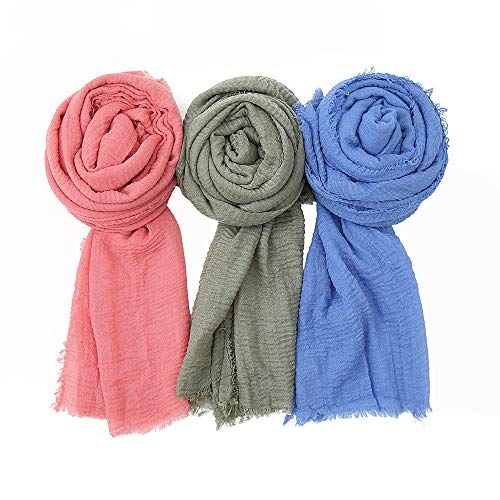EVQ Soft Cotton Hemp Scarf Wrap Long Hijab Head Wrap Scarves for Women(3pcs Pink+Blue+Mint Green)