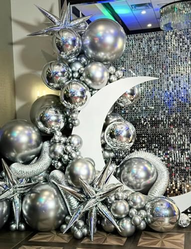 Image of 6Pcs 22Inch Silver Disco Ball Balloons - 4D Large Foil Balloons with Metallic Star for 70s Disco Dance Birthday Party
