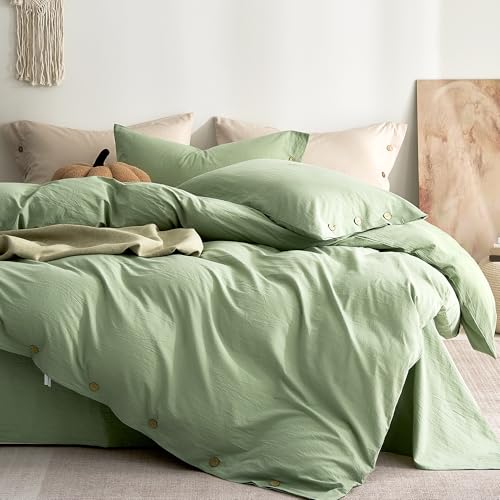 Image of JELLYMONI 100% Washed Cotton Duvet Cover King - Soft, Breathable Linen-Look Bedding with Natural Wrinkle Texture, Button Closure, 3-Piece Set (Mint Green, 104 inchx90 inch)