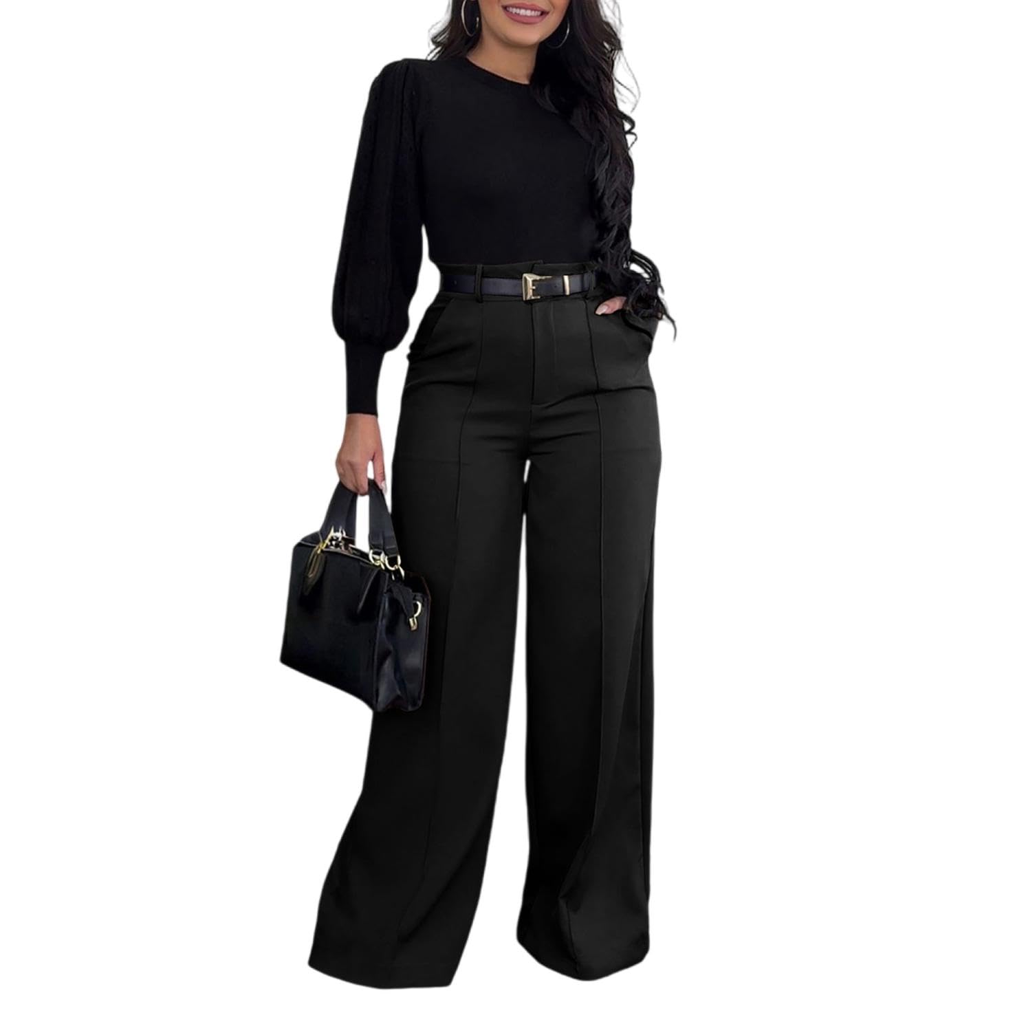 Womens High Waist Wide Straight Leg Trousers Casual Slacks Dress Pants with Pockets