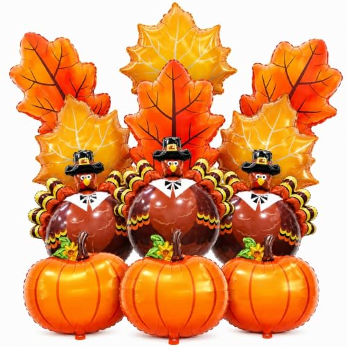 Image of Fall Balloons Thanksgiving Autumn Turkey Pumpkin Maple Leaf Foil Balloons Fall colored Balloon for Thanksgiving Theme Friendsgiving Harvest Baby Shower Birthday Halloween Decorayions
