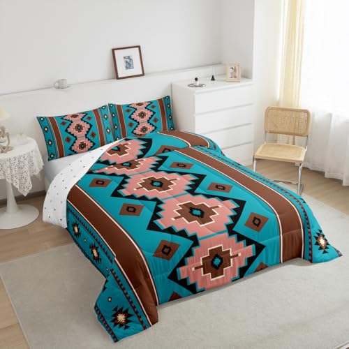Image of Feelyou Boho Aztec Kids Comforter Set Full Size West Bedding Set Teel Brown Duvet Quilt for Kids Boys Girls Bedroom Western Decor Microfiber Ultra Soft Breathable