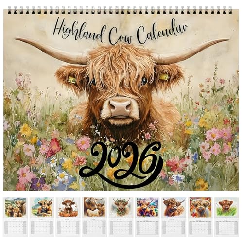 Highland Cow Calendar 2026 - Highland Cows Wall Art Calendars 12 Month Rustic Farmhouse Scottish Cow Hanging Monthly Planner with Full-Color Illustrations for Home Office Decor & Animal Lovers Gift