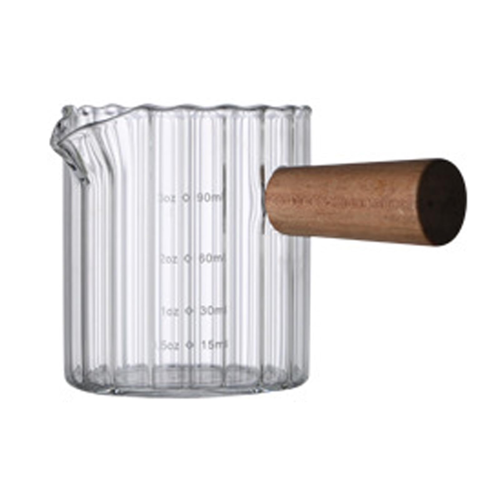 Single Spout Coffee Glass, Glass Measuring Cups with Spout, Measuring Cup with Wooden Handle, Italian Glass Coffee Measuring Cup, Vertical Pattern Milk Cup for Home Office(Cylinder-Transparent)