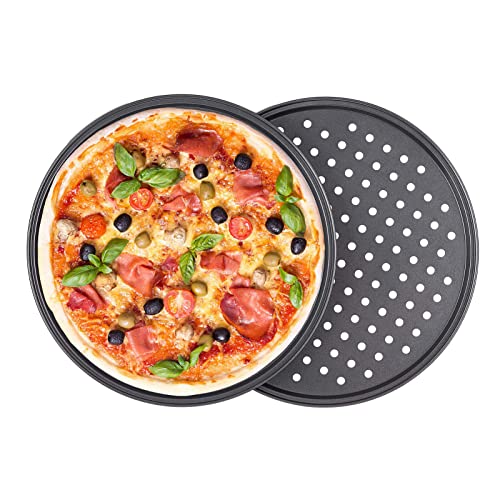 2er Set Pizzablech, ∅28 cm Rund Pizza Backblech, Gelocht, Antihaft, Pizza & Flammkuchen, Carbonstahl, Knusperblech, Pizzaform