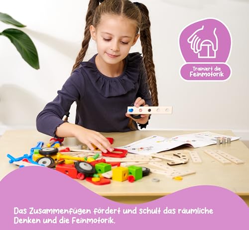 Eichhorn 100039085 - Constructor Feuerwehrauto, 155 TLG., Holz-Konstruktions-Set, 3 Verschiedene Modelvarianten baubar, FSC 100% Zertifiziertes Buchenholz, Made in Germany