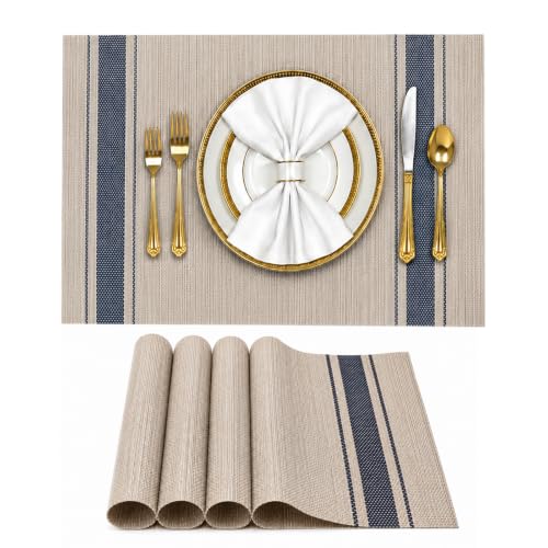 Image of Solitude Set of 4 Dining Table Placemats | Non-Slip PVC Table Mats, Heat Resistant, Washable, Stain-Resistant Surface, (Beige & Blue, 45 x 30 cm)