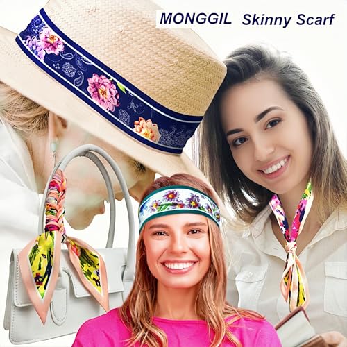 Skinny Scarf 3 Pack for Women – Bag Scarf, Silk Hair Scarves (Original Prints, Premium Twill, 3 Designs)3