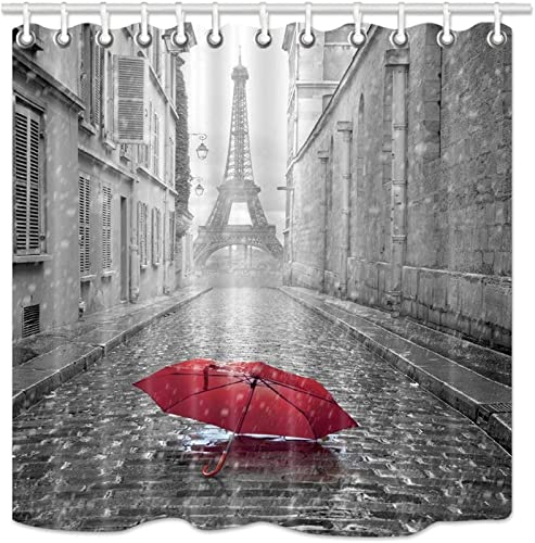 Rideau de Douche 120 x 200 Rideaux Douche Paris Rideau Salle de Bain Lavable Anti Moisissure La Tour Rideau Douche Parapluie Rouge ImpriméDéCoratif Tissu Polyester avec Crochets