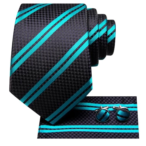Image of Dubulle Mens Paisley Black Teal Striped Tie and Handkerchief Cufflinks Tie Set for Men Wedding Business Formal