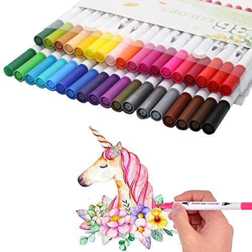 Dual Tip Watercolor Brush Pen Marker Set Fineliner Painting Flexible Highlighter Art Markers Projects for Adult kids Coloring Books,Sketching,Drawing,Lettering,Journaling,Calligraphy (36 Colors)