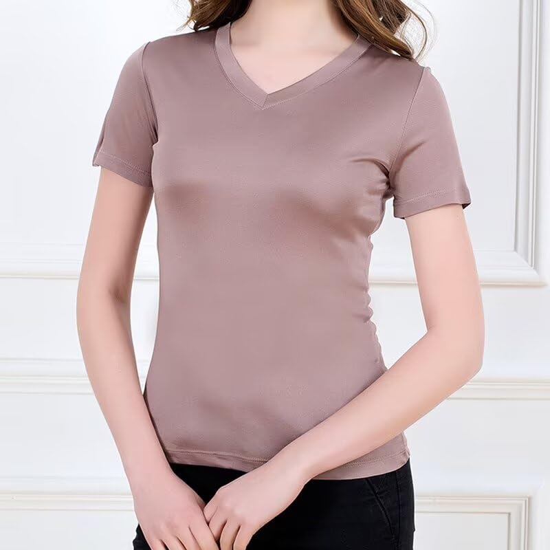 Womens Silk T Shirt Short Sleeve V-Neck Top Undershirt Breathable Mulberry Silk Tee Basic Tops3