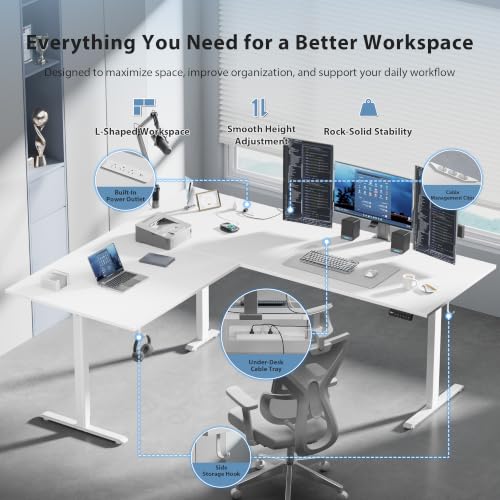 Image of 75x61 Inch L Shaped Electric Standing Desk, Corner Workstation, White